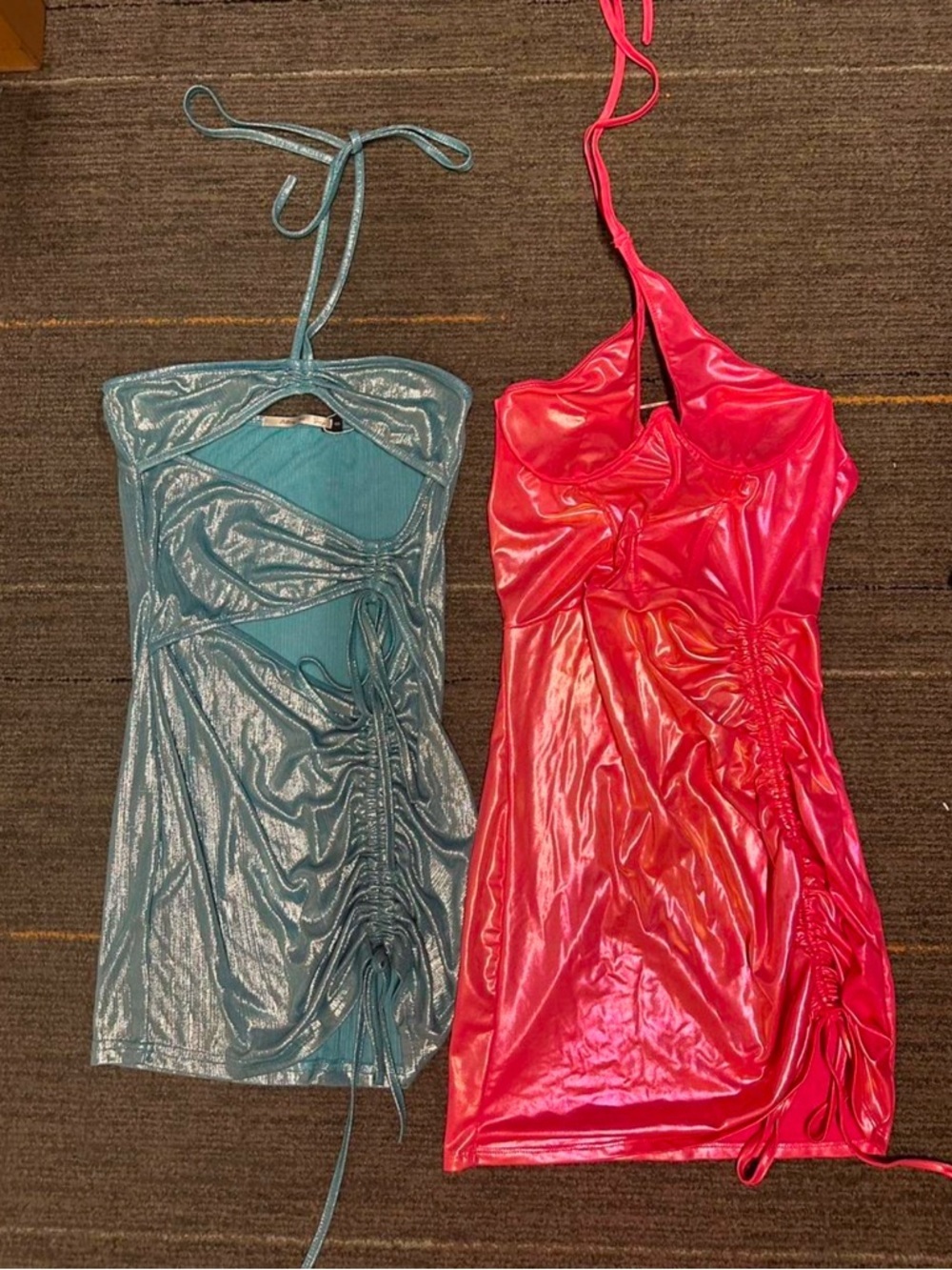 Bear Dance Shimmer Halter Mini Dress - Teal and Hot Pink